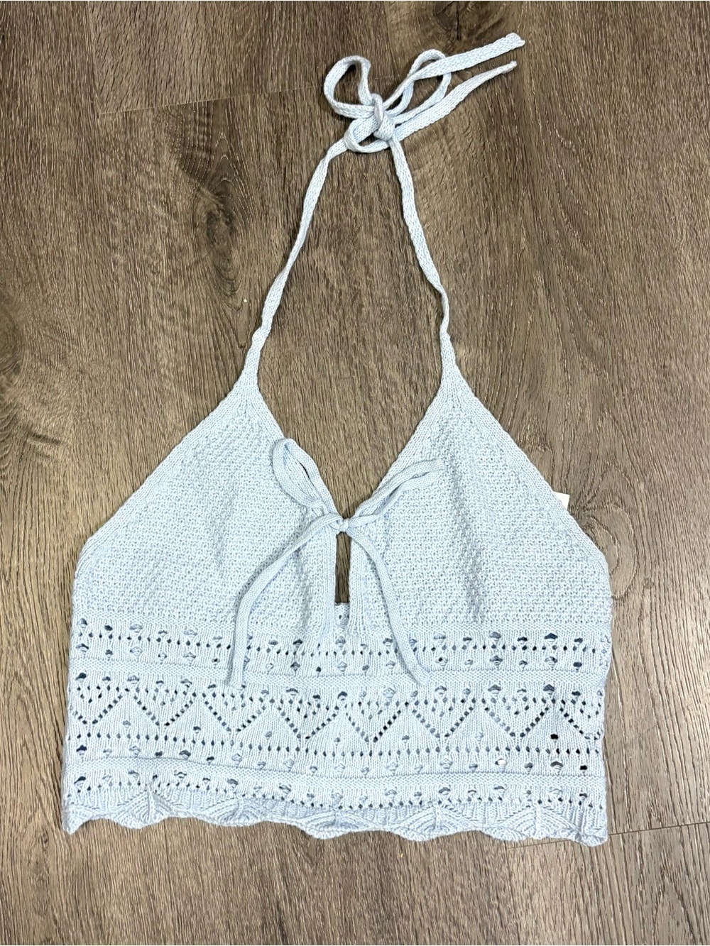 NWT Cider Crochet Knit Halter Top Women’s Large Sky Blue Boho Beachy Festival